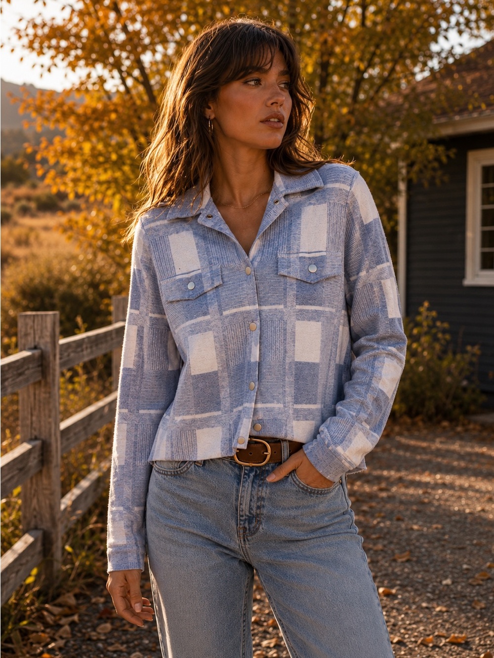 Sioni Plaid Knit Shacket XS Blue White Snap Front Sweater Jacket Preppy